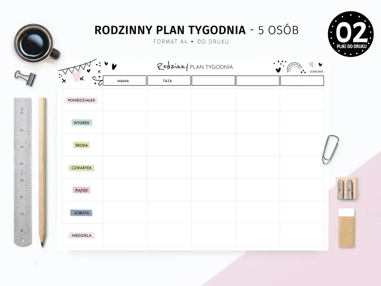 Rodzinny notatnik do druku, format A4, na 5 os&oacute;b. Plan tygodnia z miejscem na wpisanie zadań dla Mamy i Taty.