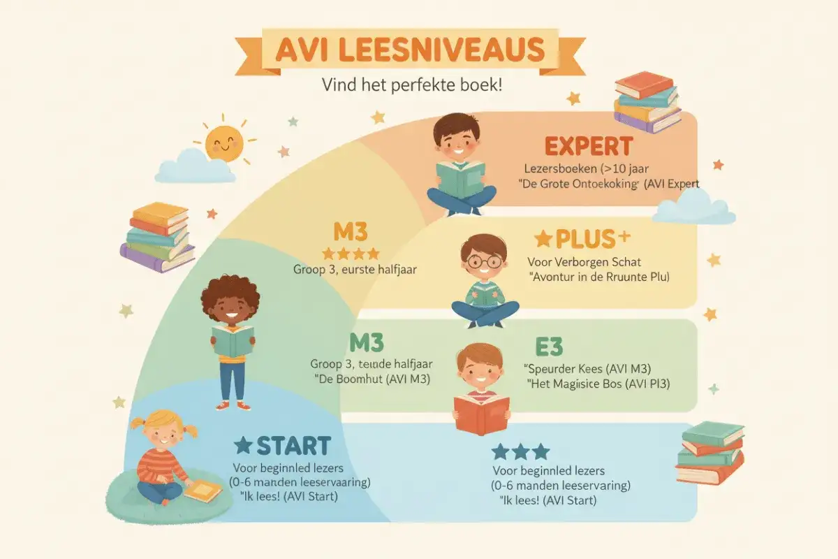 Kinderen met boeken, van start tot expert. Zo help je ze begrijpen lezen met de juiste AVI-niveaus.