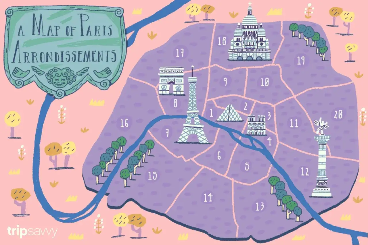 Mappa stilizzata di Parigi con i suoi arrondissement, ideale per scoprire dove uscire la sera. Icone di monumenti come la Torre Eiffel e l'Arco di Trionfo.