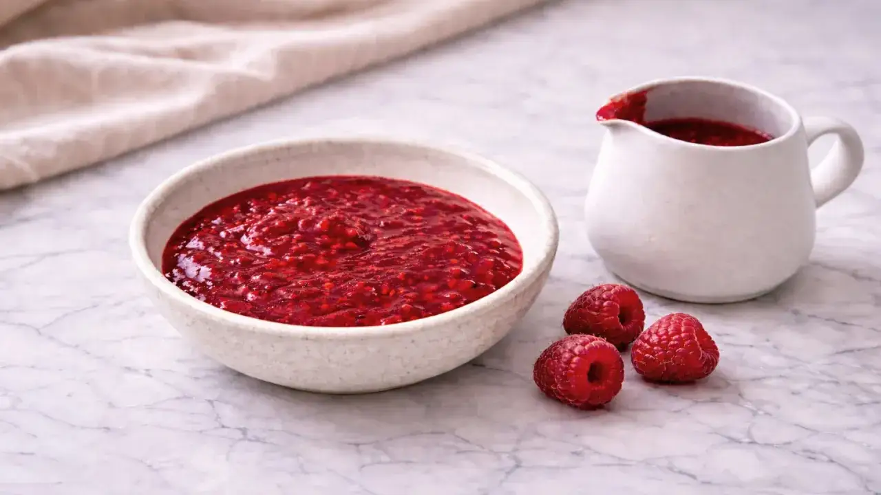 Un bol et un pichet remplis de coulis de framboise, avec des framboises fraîches à côté.