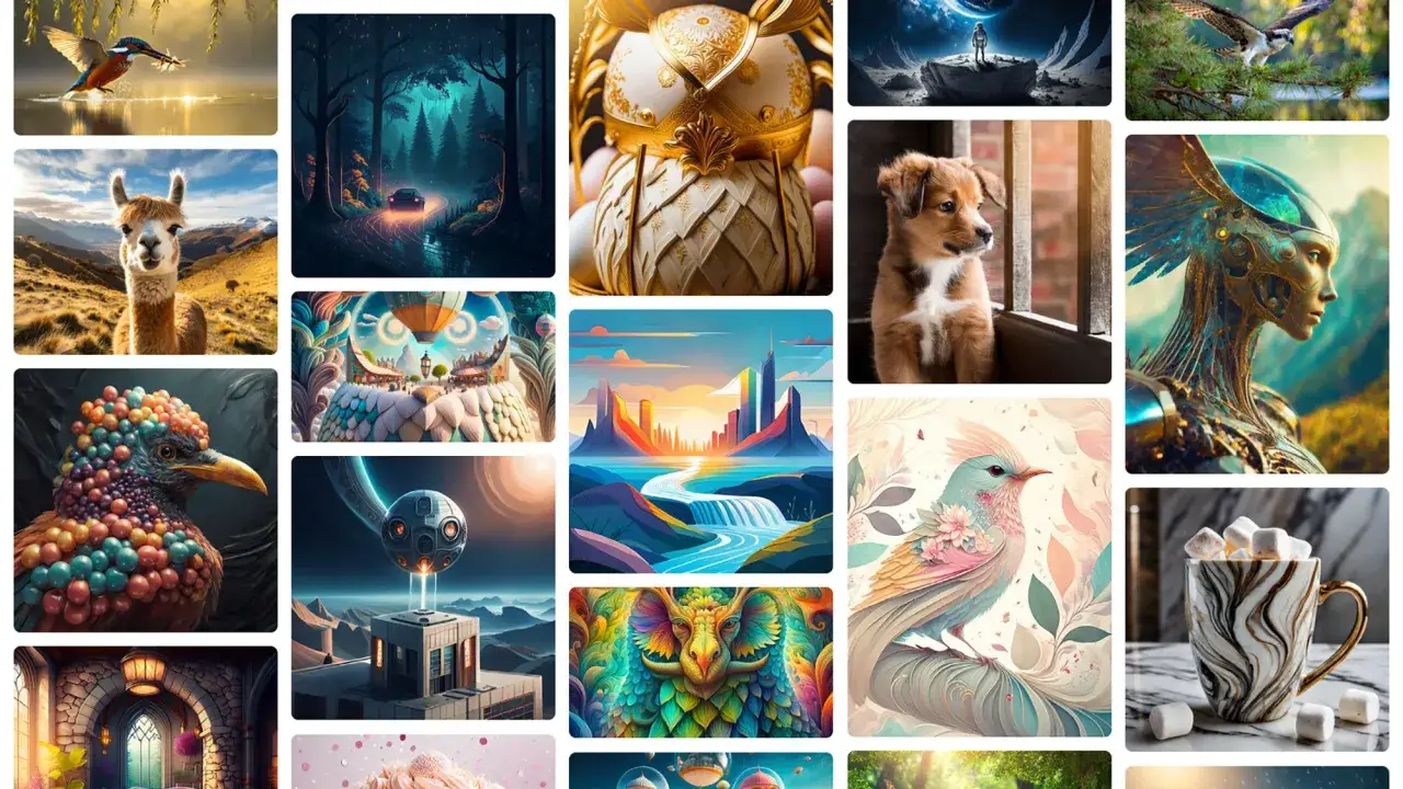 Colecci&oacute;n de im&aacute;genes generadas por ChatGPT: un p&aacute;jaro, un coche en un bosque, un huevo dorado, un cachorro, una llama, una figura futurista, un p&aacute;jaro colorido, un paisaje urbano, un p&aacute;jaro delicado y una taza con malvaviscos.