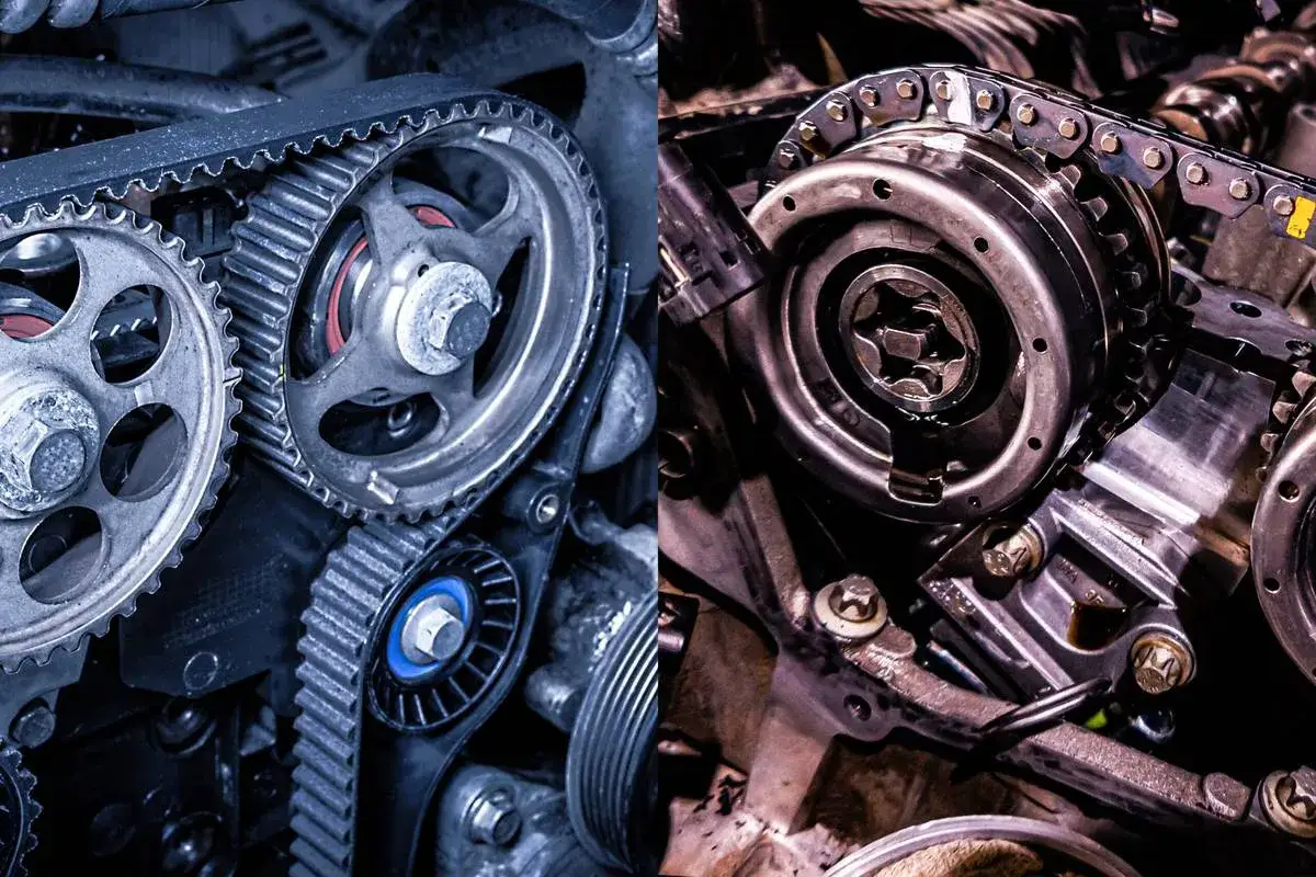 Comparaison entre une courroie crantée et une courroie à chaîne dans un moteur.