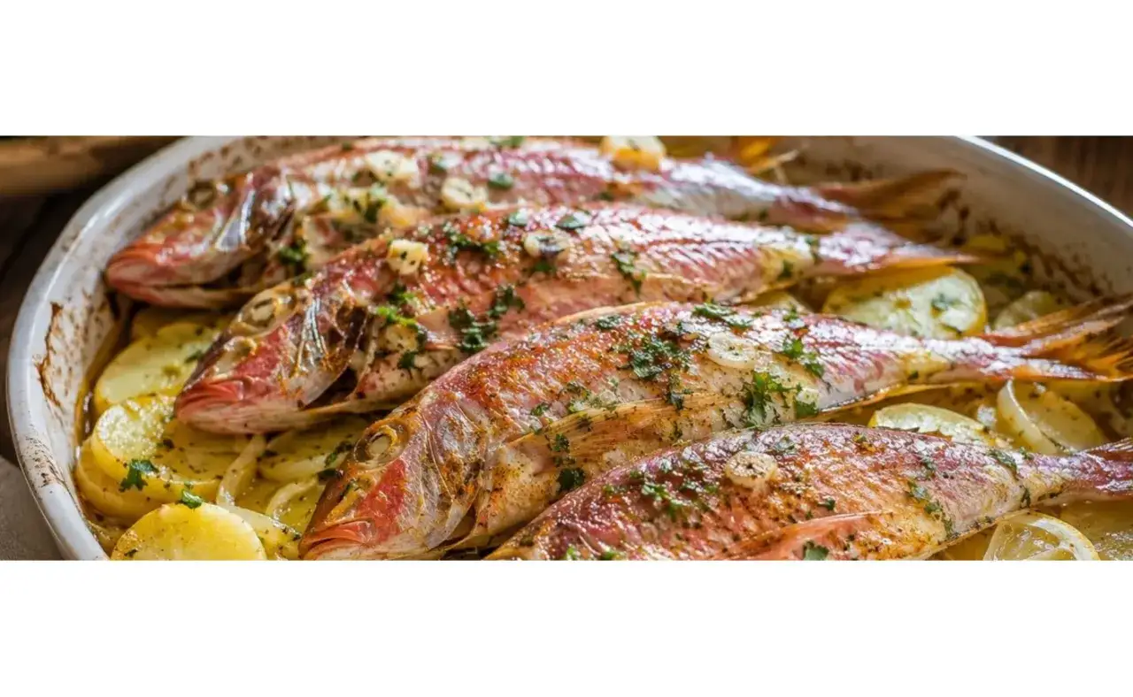 Cuatro salmonetes al horno, dorados y jugosos, reposan sobre patatas y rodajas de limón en una fuente.