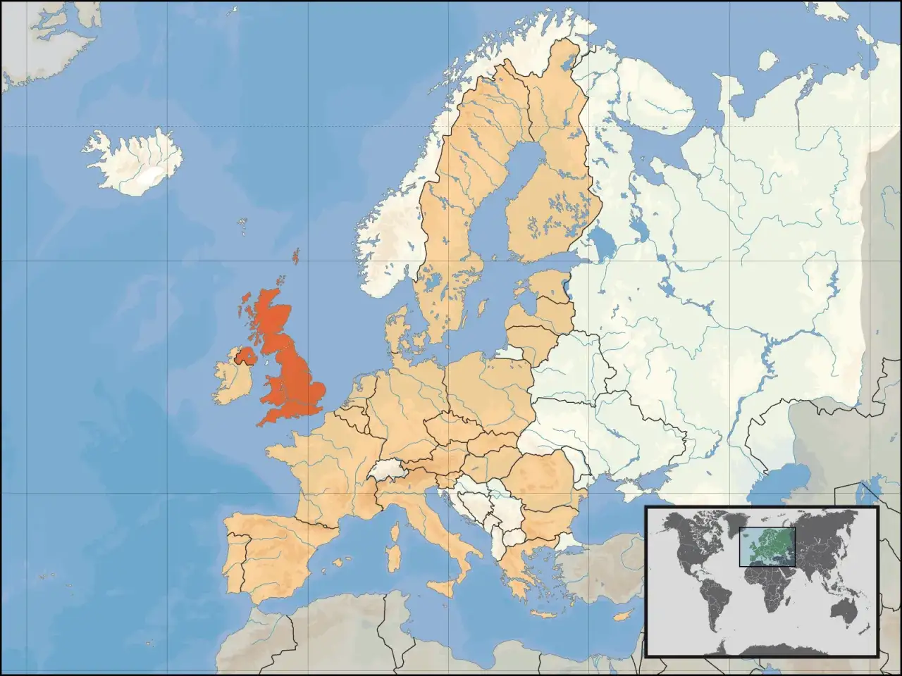 Mapa Europy z zaznaczoną na pomarańczowo Wielką Brytanią. Pokazuje jej położenie na wyspach na p&oacute;łnocny zach&oacute;d od kontynentu.