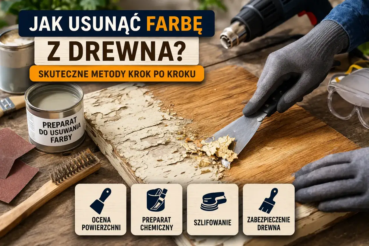 Jak usunąć farbę z drewna? Pokazano narzędzia i preparaty do renowacji drewna, w tym skrobak, pędzel, papier ścierny i środek do usuwania farby.