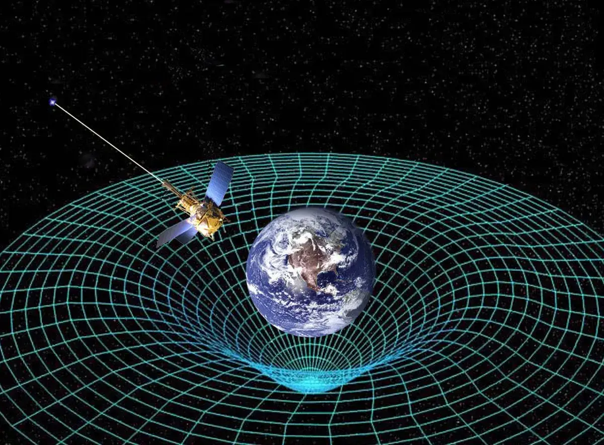 Ziemia zakrzywia czasoprzestrzeń, ilustrując teorię względności. Satelita krąży wokół niej.
