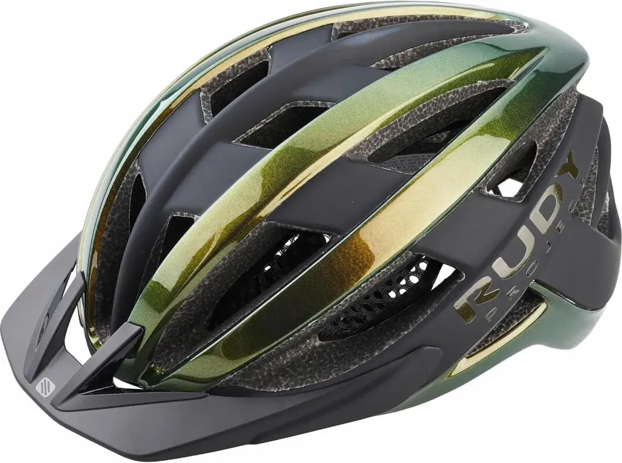 Elegancki kask rowerowy Rudy Project w kolorze czarno-zielonym z metalicznym połyskiem. Idealny na każdą trasę.