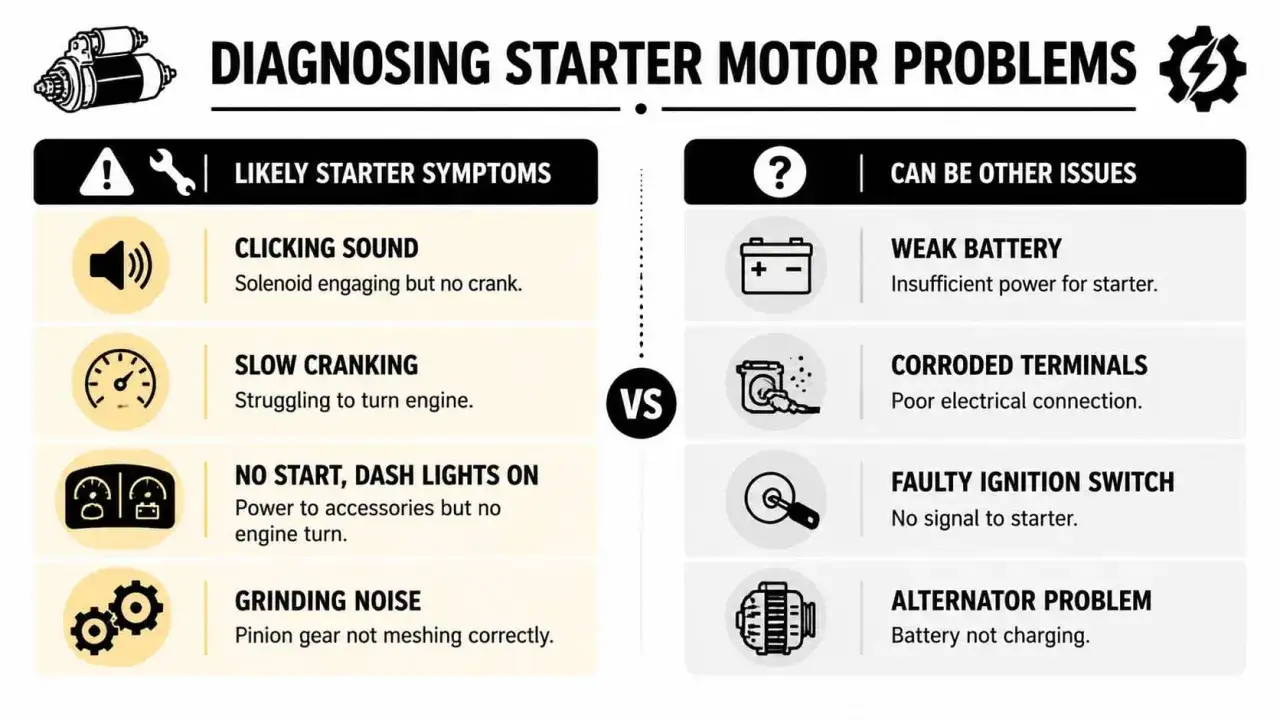 Diagnosing starter motor problems: a grinding noise when starting the car indicates the pinion gear isn't meshing correctly.