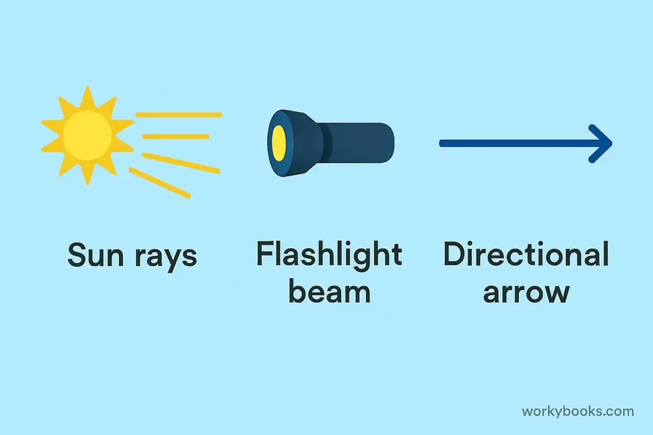 El sol, una linterna y una flecha ilustran qu&eacute; es una semirrecta: un rayo de luz que se extiende infinitamente en una direcci&oacute;n.