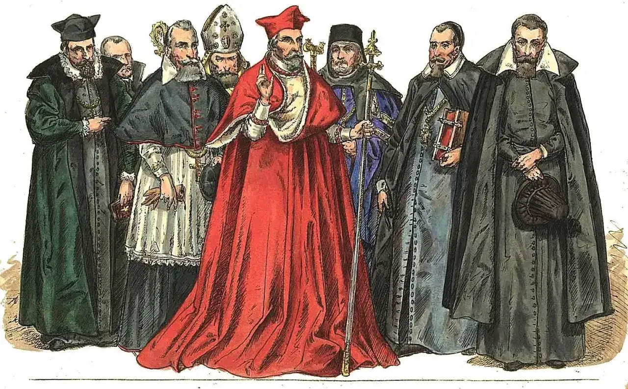 Uczestnicy soboru trydenckiego w barwnych strojach. Kardynał w czerwieni błogosławi, obok biskupi i duchowni.