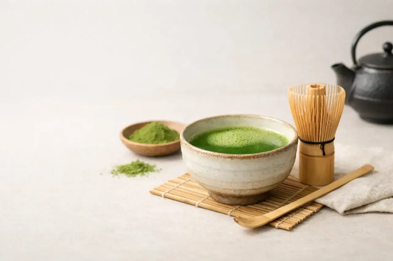 Zielony napój w miseczce, proszek matcha na talerzyku, bambusowa miotełka i czajniczek. To wszystko, by przygotować idealne matcha.