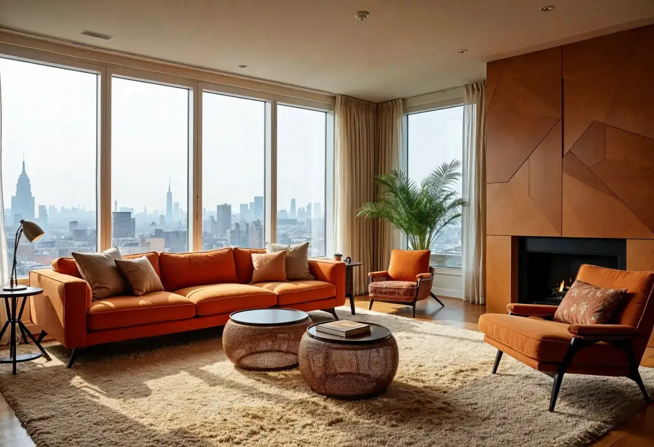 Wohnzimmer im 70er Jahre Einrichtungsstil mit orangefarbenem Sofa, Korbst&uuml;hlen und Kamin vor Panoramafenstern mit Skyline-Blick.