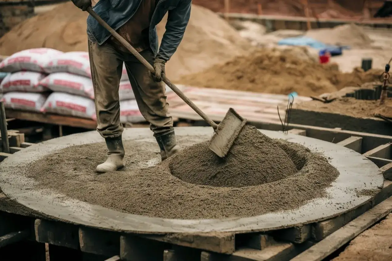 Obrero mezcla cemento y arena con pala, aprendiendo como hacer mortero para la construcción.