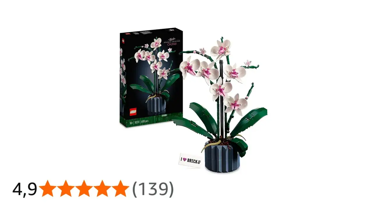 LEGO Orchidee Bausatz. Die Anleitung zeigt, wie man diese wunderschöne Orchidee aus LEGO-Steinen zusammensetzt.