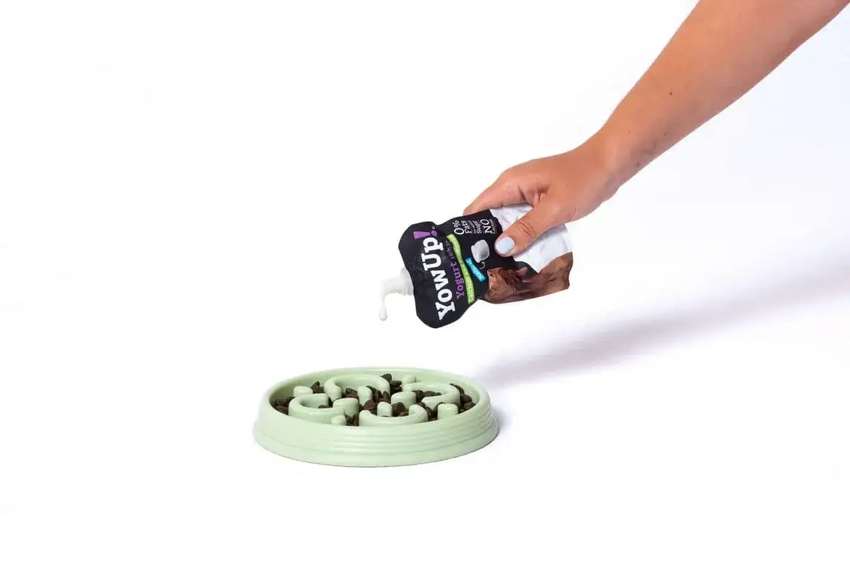 Ręka wylewa jogurt naturalny z tubki na karmę w misce spowalniającej jedzenie. Czy pies może jeść jogurt naturalny? Tak, jeśli jest to specjalny jogurt dla ps&oacute;w.