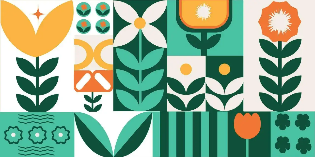 A vibrant geometric collage showcasing various stylized floral and abstract examples of pattern.
