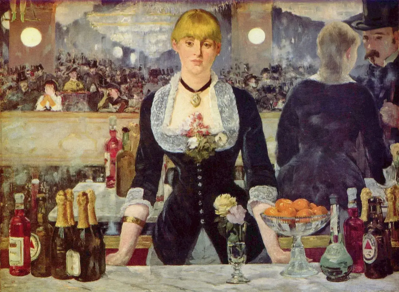 Bar w Folies-Berg&egrave;re: młoda barmanka z kwiatami, butelkami i owocami, w tle gwarne towarzystwo.
