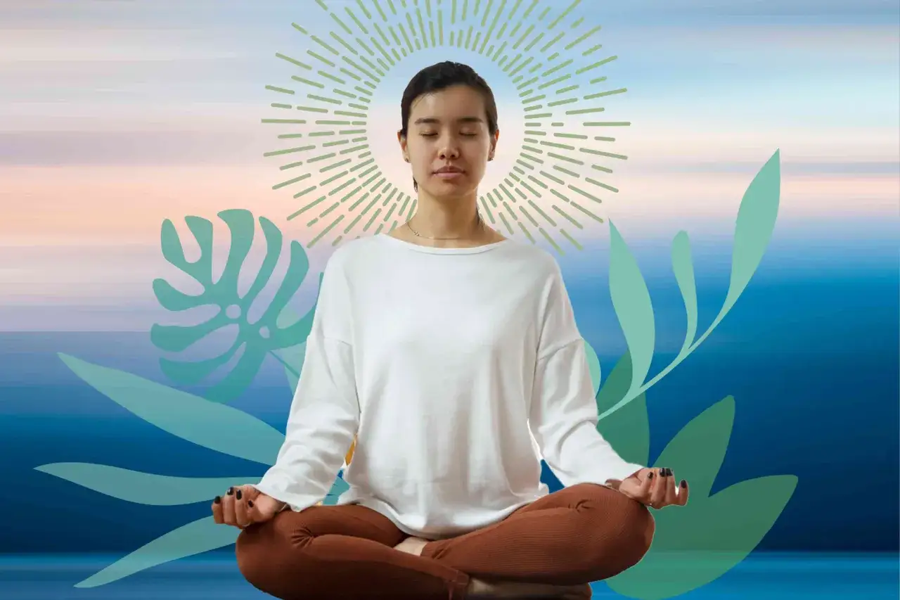 Frau in Lotusposition, umgeben von gr&uuml;nen Bl&auml;ttern und einem strahlenden Kreis. Perfekt f&uuml;r eine 5-Minuten-Meditations&uuml;bung.