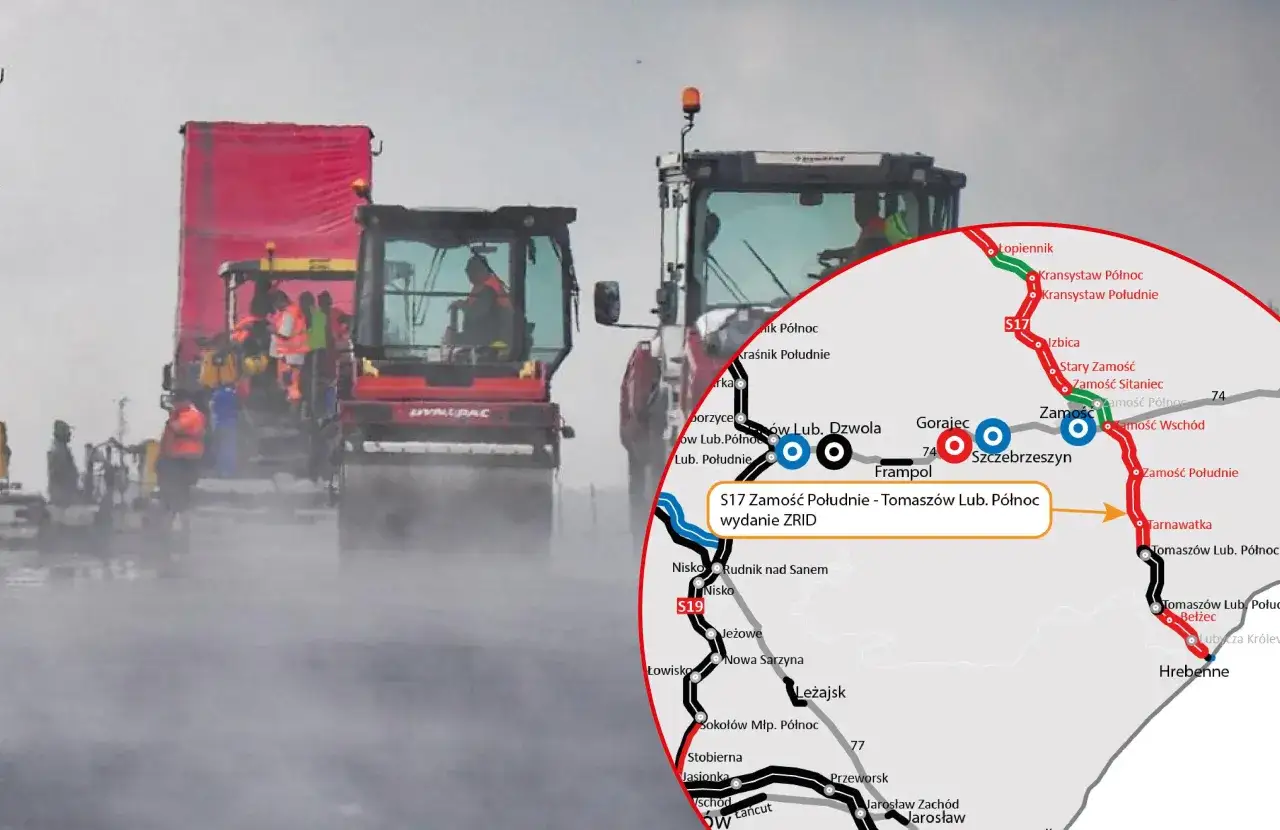Budowa S17: trwa praca nad trasą Zamość Południe - Tomasz&oacute;w Lub. P&oacute;łnoc. Kiedy koniec? Maszyny pracują na budowie.
