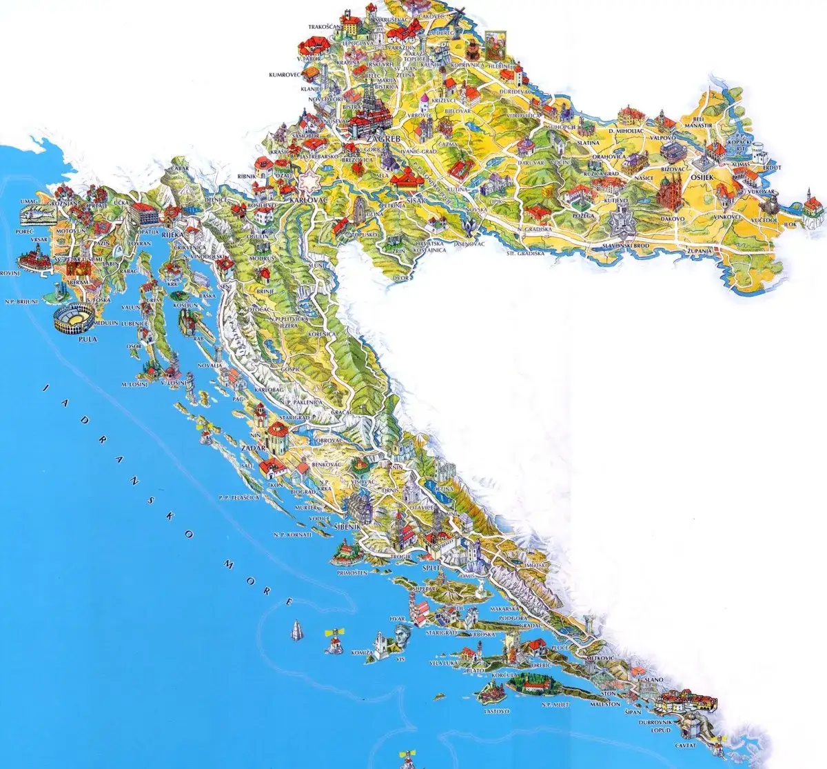 Mapa popularnych regionów Chorwacji dla turystów