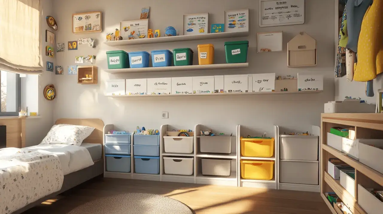 Ein aufger&auml;umtes Kinderzimmer nach dem Ausmisten. Spielzeug ist ordentlich in Boxen und Regalen verstaut.