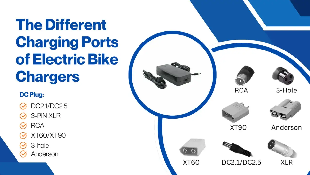 Różne złącza ładowarki do roweru elektrycznego: DC2.1/DC2.5, XLR, RCA, XT60, XT90, Anderson, 3-pin.