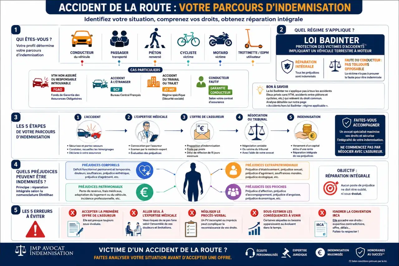 Infographie expliquant le parcours d'indemnisation après un accident de la route, incluant les étapes, les types de préjudices et les erreurs à éviter, notamment pour un homicide involontaire.