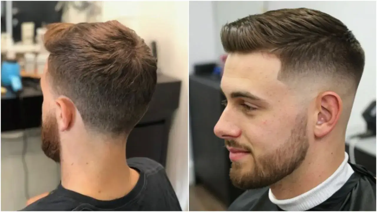Dos estilos modernos de peinados pelo corto: un degradado con tup&eacute; y un corte cl&aacute;sico con nuca afeitada.