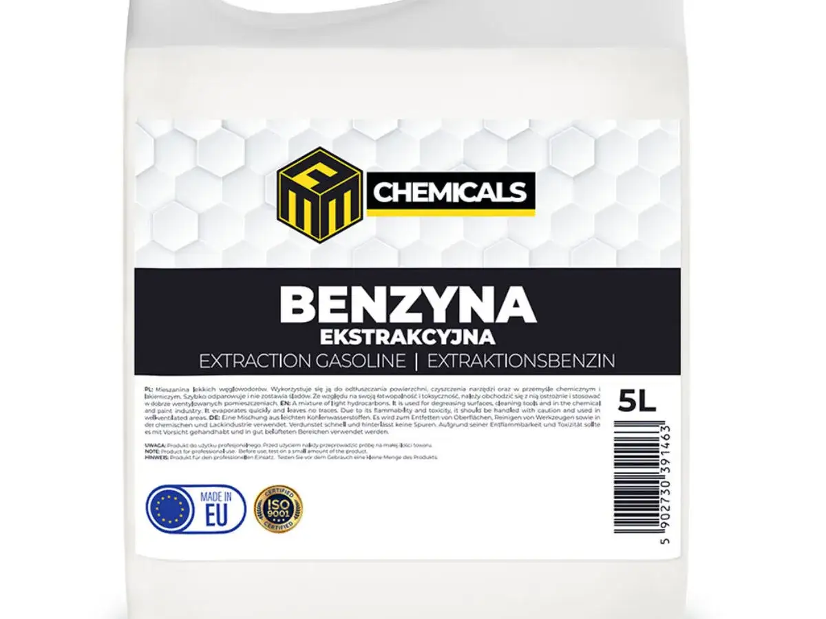 Benzyna ekstrakcyjna odtłuszcza powierzchnie i narzędzia. Szybko odparowuje, nie zostawiając śladów. Produkt do użytku profesjonalnego.