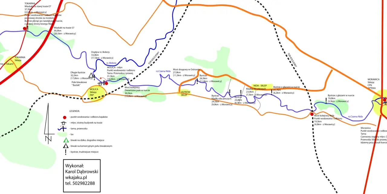 mapa spływów kajakowych rzeką Nidą trasy