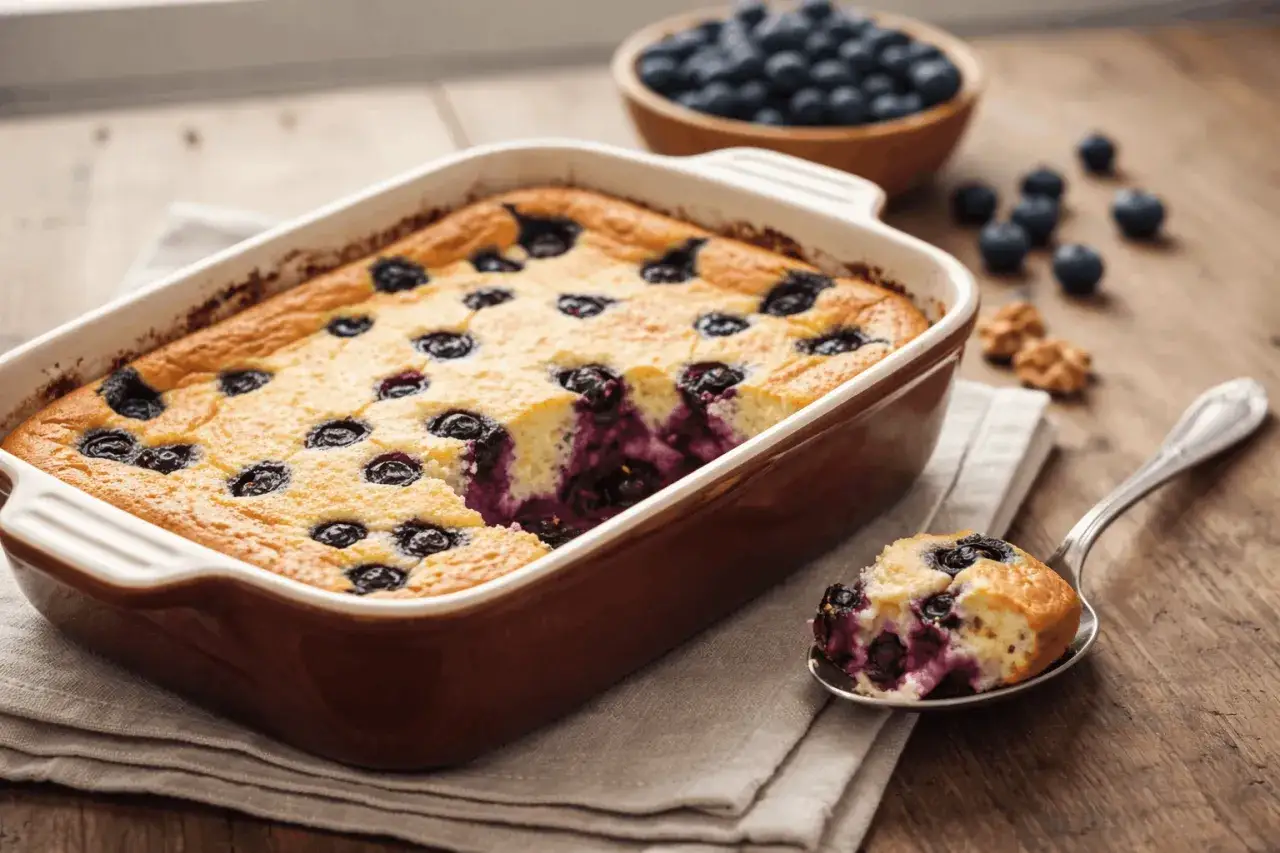Ein goldbrauner Quarkauflauf low carb mit Blaubeeren, frisch aus dem Ofen. Auf einem L&ouml;ffel liegt ein St&uuml;ck des k&ouml;stlichen Auflaufs.