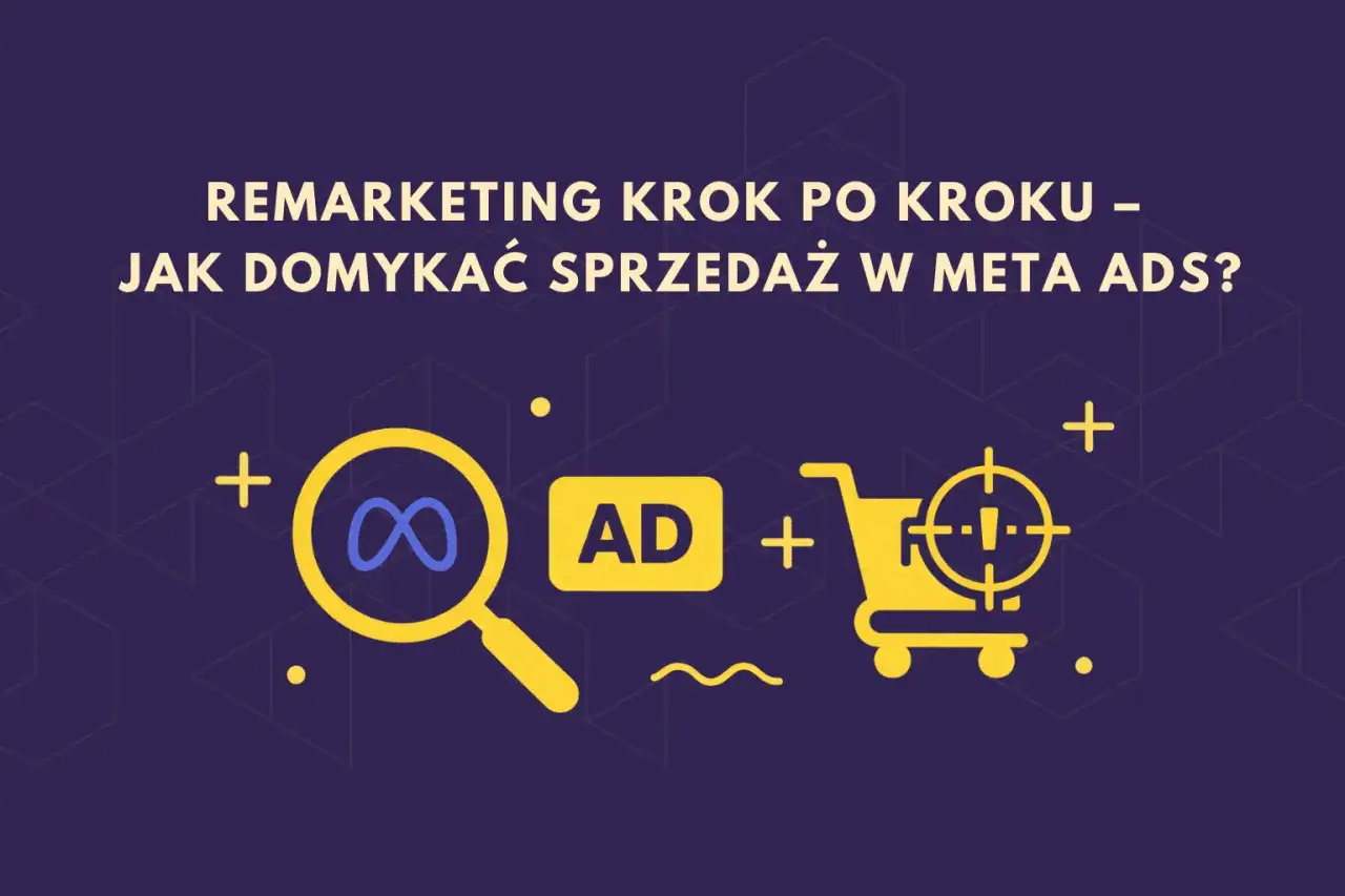 Remarketing krok po kroku – jak domykać sprzedaż w Meta Ads? Ikony symbolizują analizę, reklamę i koszyk zakupowy.