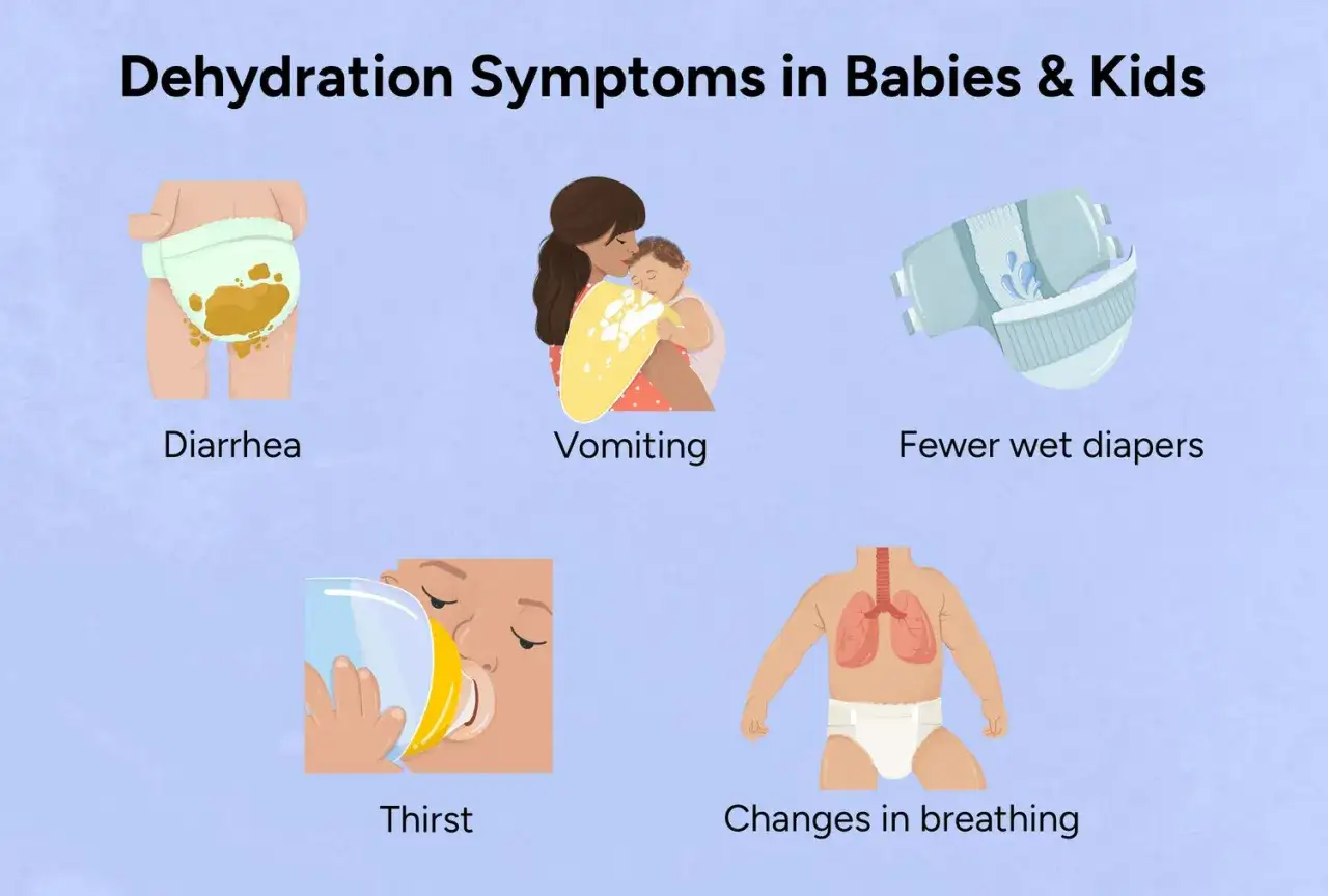 S&iacute;ntomas de deshidrataci&oacute;n en ni&ntilde;os: diarrea, v&oacute;mitos, sed, menos pa&ntilde;ales mojados y cambios en la respiraci&oacute;n.