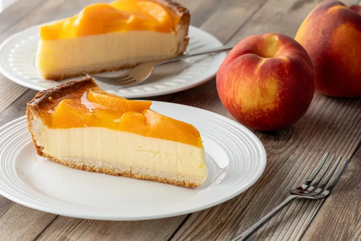 Fette di cheesecake alla pesca su piatti bianchi, con pesche fresche sullo sfondo.