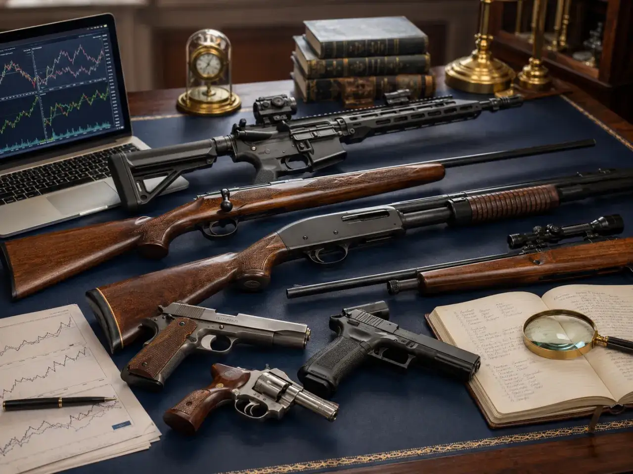 Na stole leżą najpopularniejsze bronie: karabin AR-15, strzelba, pistolety i rewolwer. Obok laptop z wykresem, zegar i księgi.