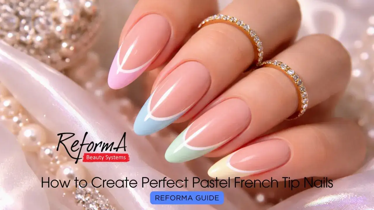 Une main ornée d'une manucure pastel aux pointes françaises colorées, un guide pour des ongles parfaits.