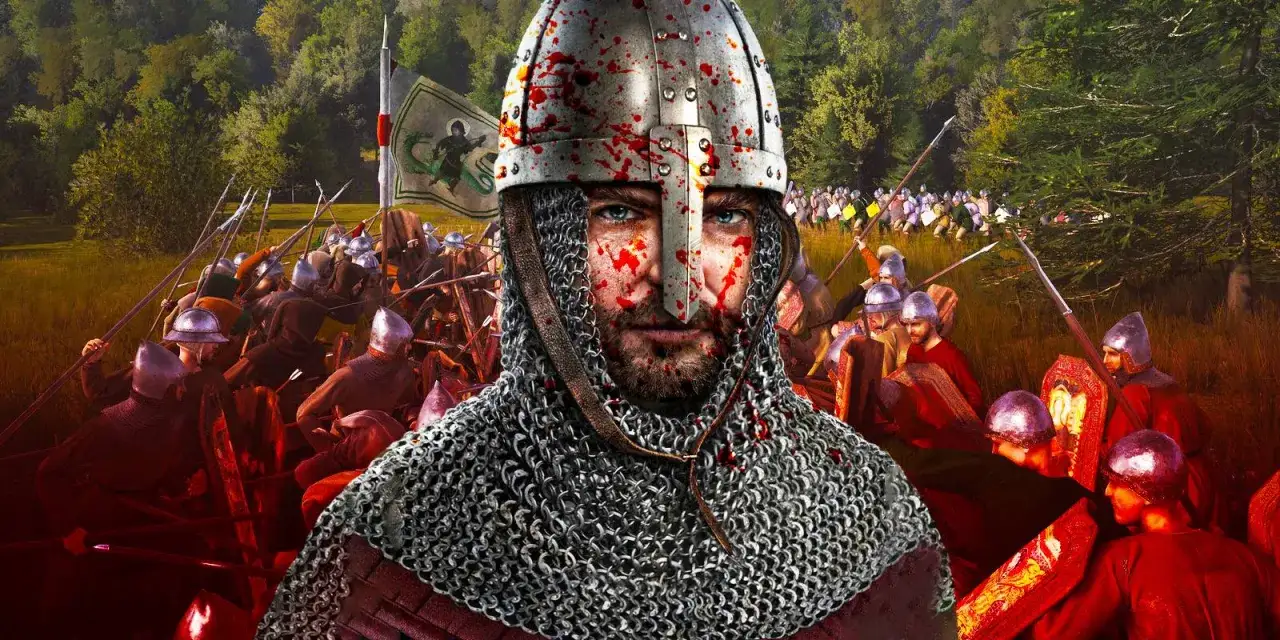 Krwawy wojownik w kolczudze i hełmie, w tle bitwa wojsk z gry Manor Lords.