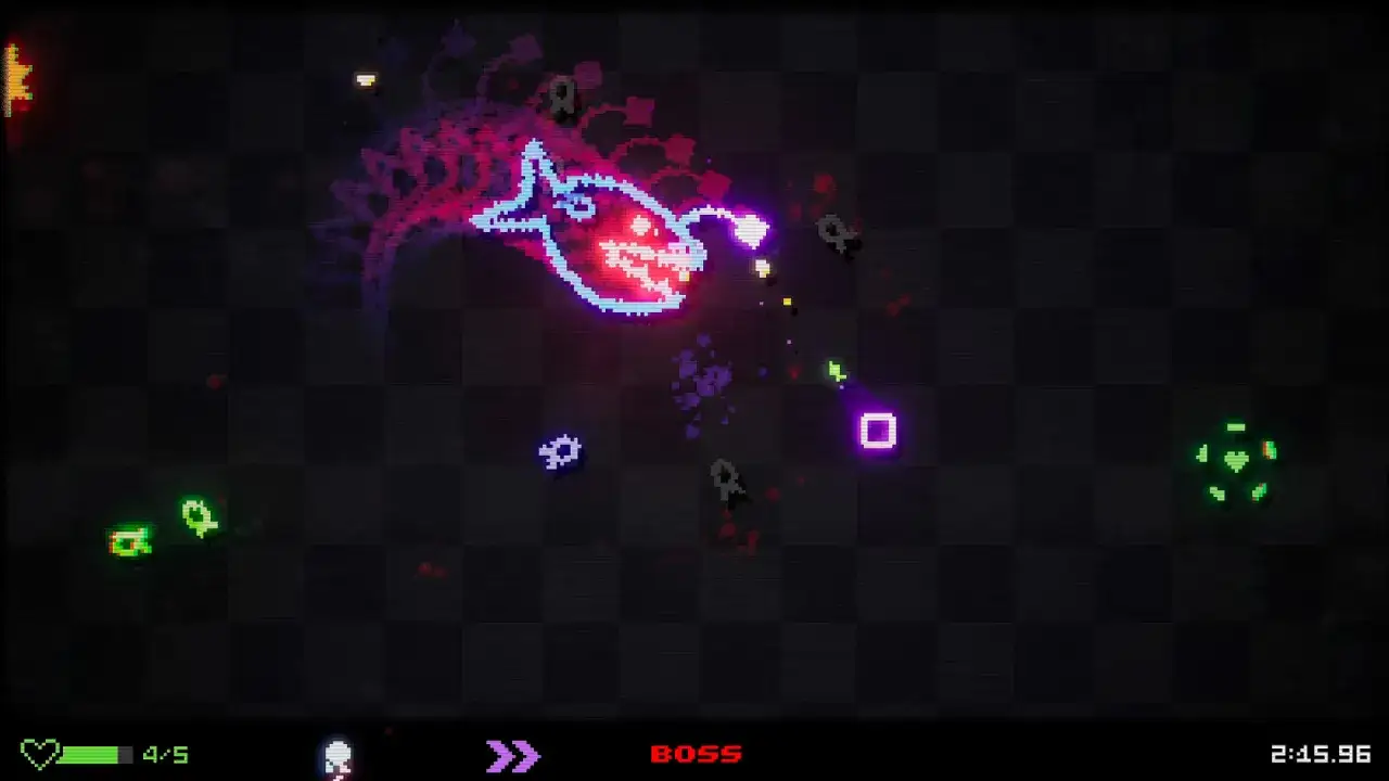 Neonowa ryba-boss w grze typu bullet hell, otoczona pociskami i przeciwnikami. Gracz walczy o przetrwanie w chaotycznym wirze neonowych świateł.