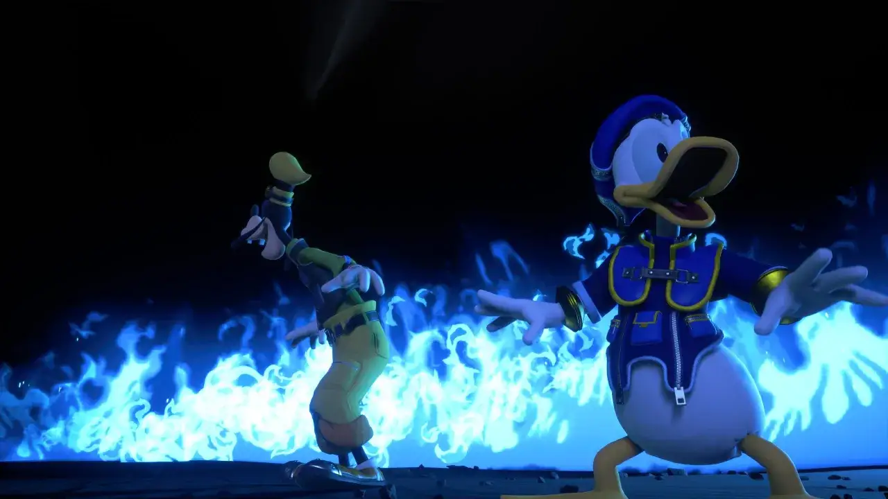 Kaczor Donald i Goofy w niebieskich płomieniach, zapowiedź Kingdom Hearts 4.