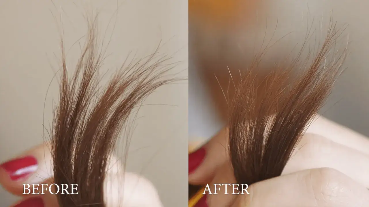 Antes y después de reparar puntas abiertas. El cabello luce más sano y unido.