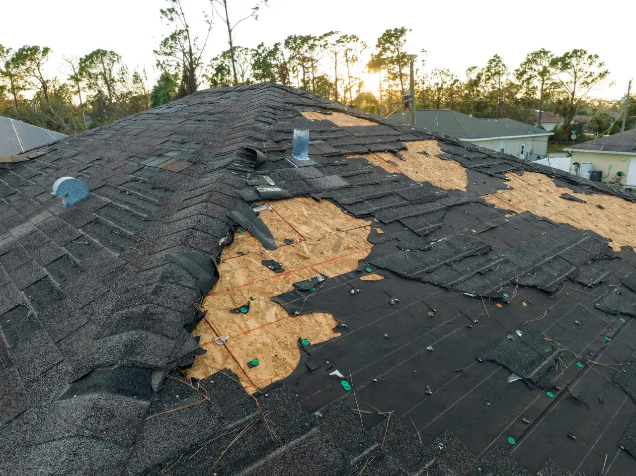 Damaged shingle construction on a rooftop reveals exposed plywood. Many shingles are torn, lifted, or missing, indicating severe weather impact.