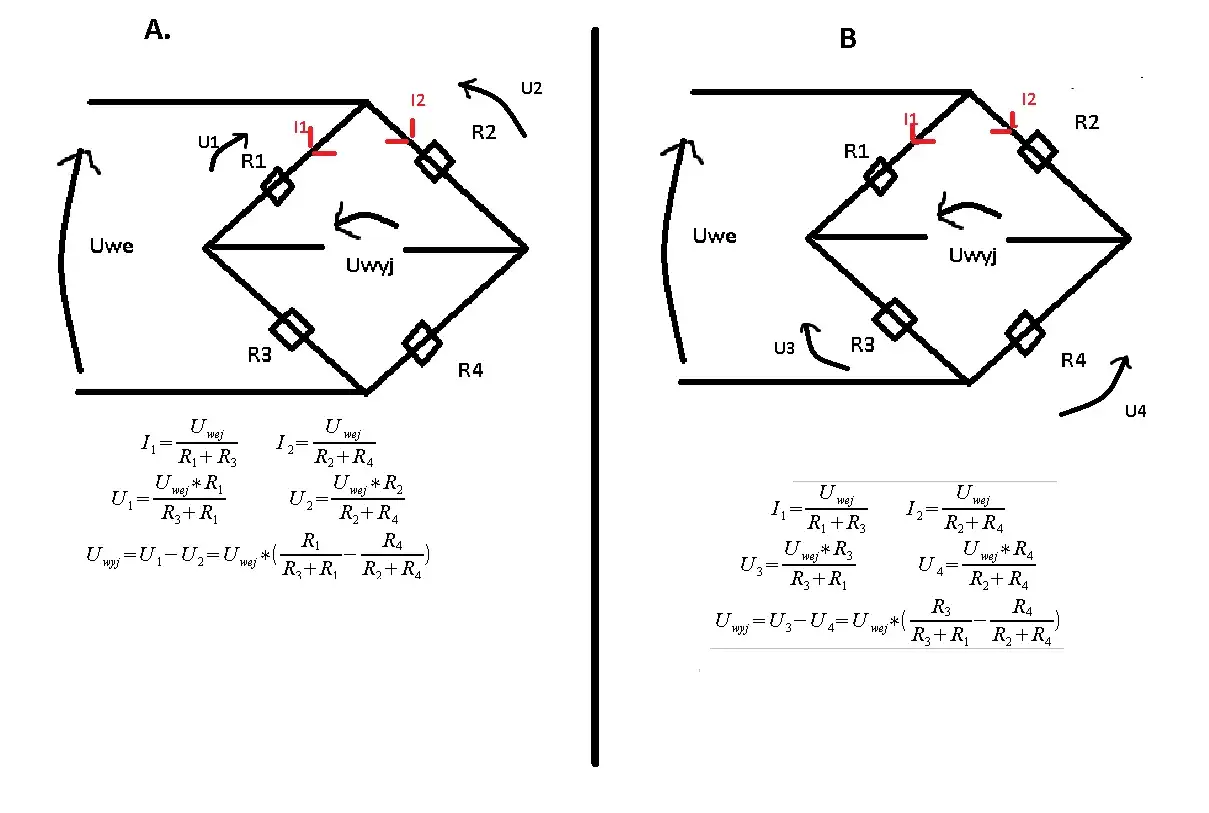niezrównoważony mostek Wheatstone'a przed i po transformacji trójkąt-gwiazda