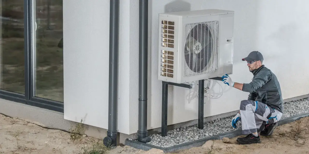 Un technicien vérifie une pompe à chaleur extérieure, un élément clé pour le calcul rentabilité pompe à chaleur.