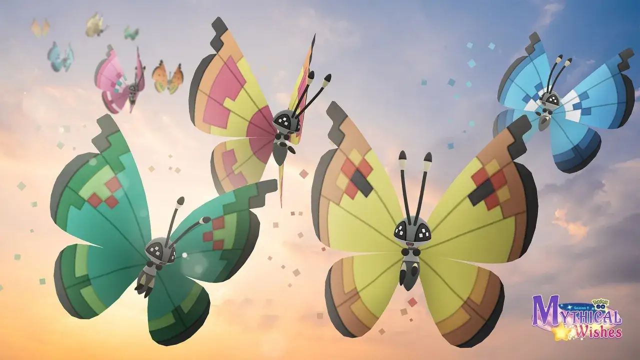 Varios Vivillon de Pok&eacute;mon GO vuelan en un cielo al atardecer. Sus alas muestran patrones de colores, como verde, amarillo, rosa y azul.