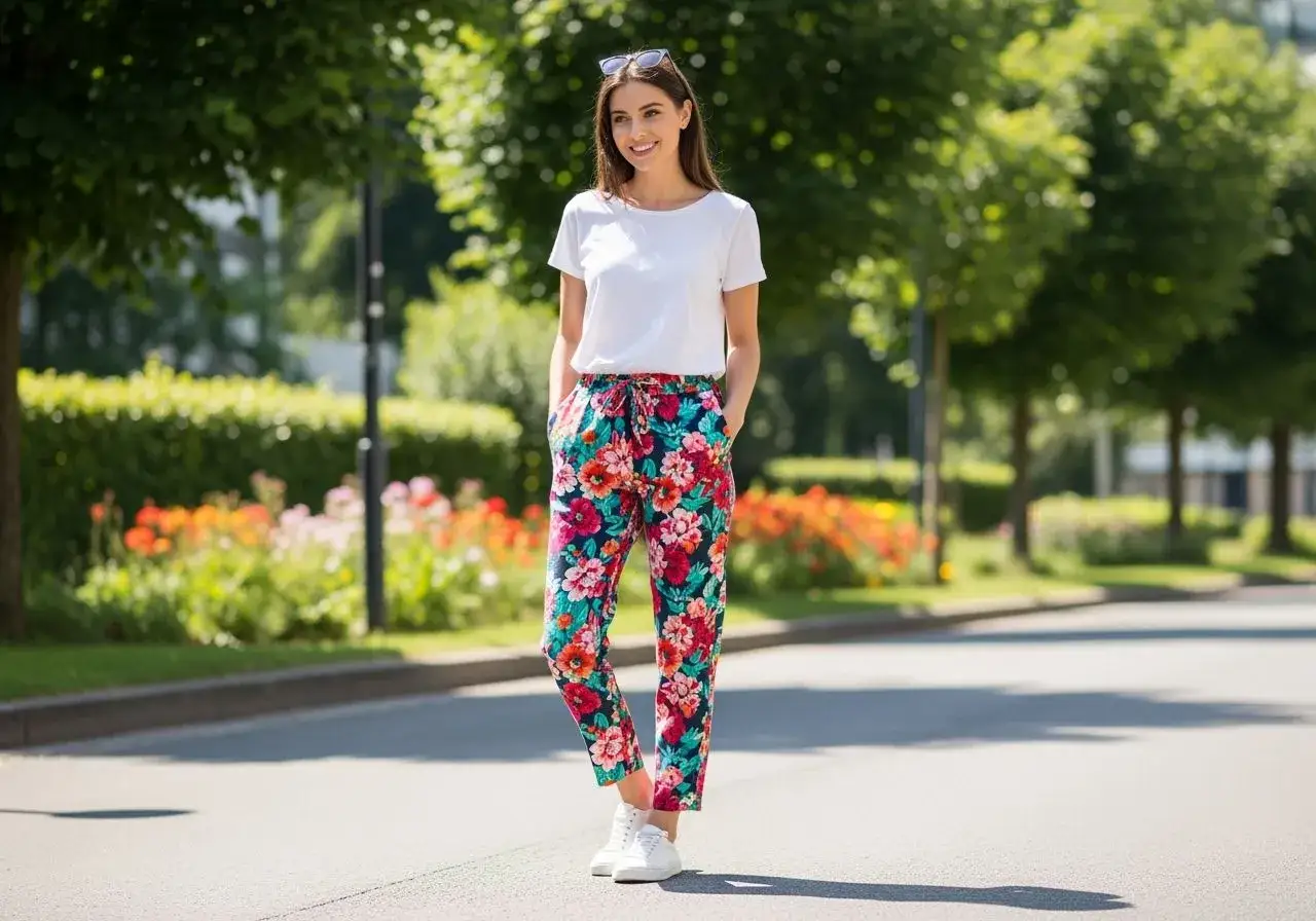 Stylizacje spodnie w kwiaty na co dzień z butami sportowymi