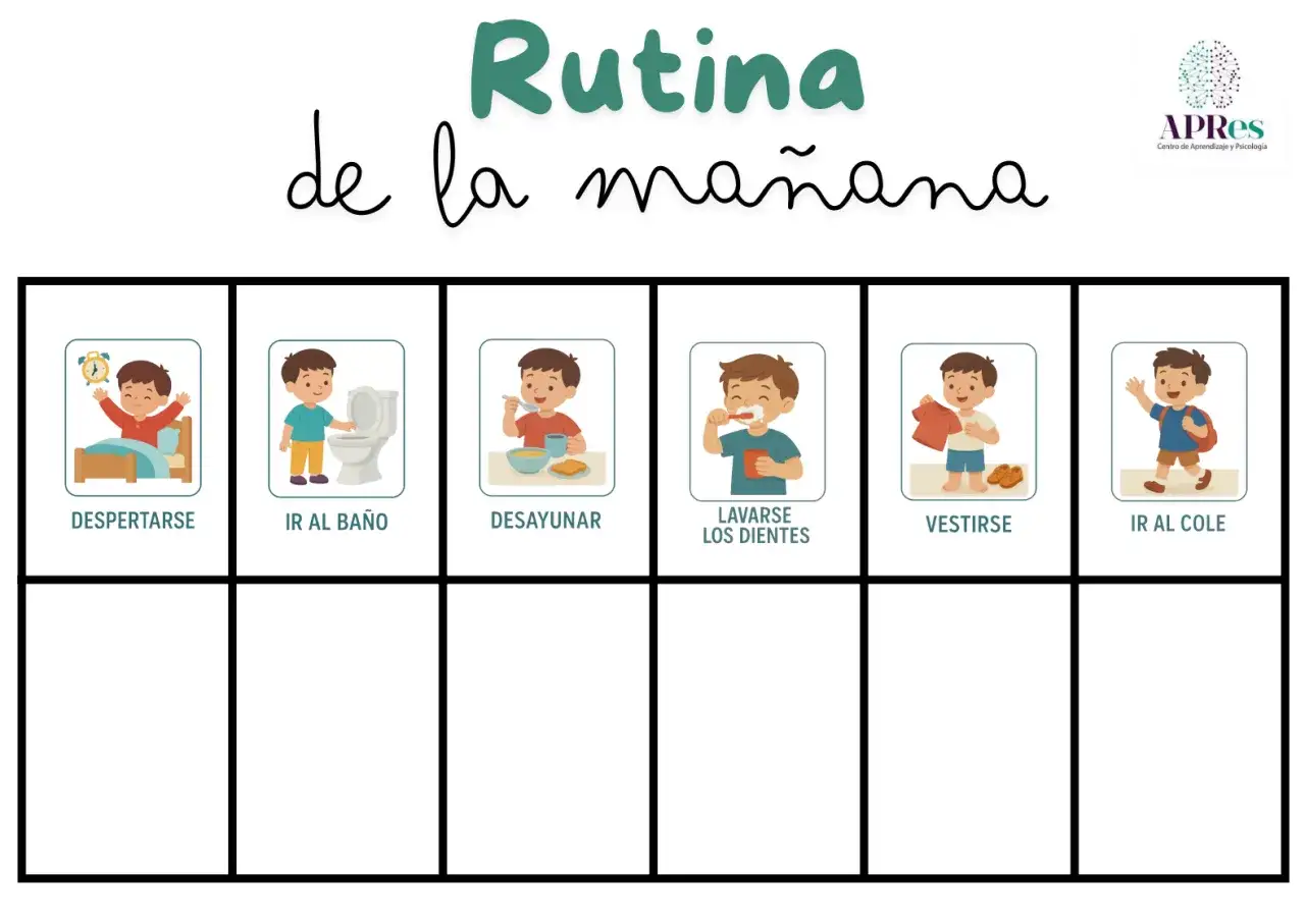 Tabla imprimible de rutinas diarias para ni&ntilde;os: despertarse, ir al ba&ntilde;o, desayunar, lavarse los dientes, vestirse e ir al cole.