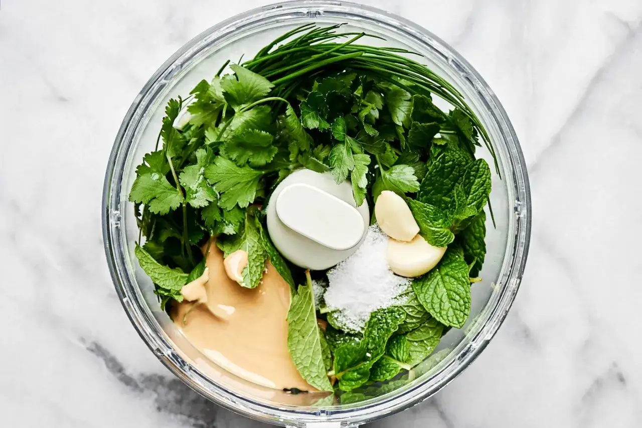 F&auml;rska &ouml;rter, vitl&ouml;k, tahini och salt i en matberedare f&ouml;r att g&ouml;ra en h&auml;rlig salsa verde.