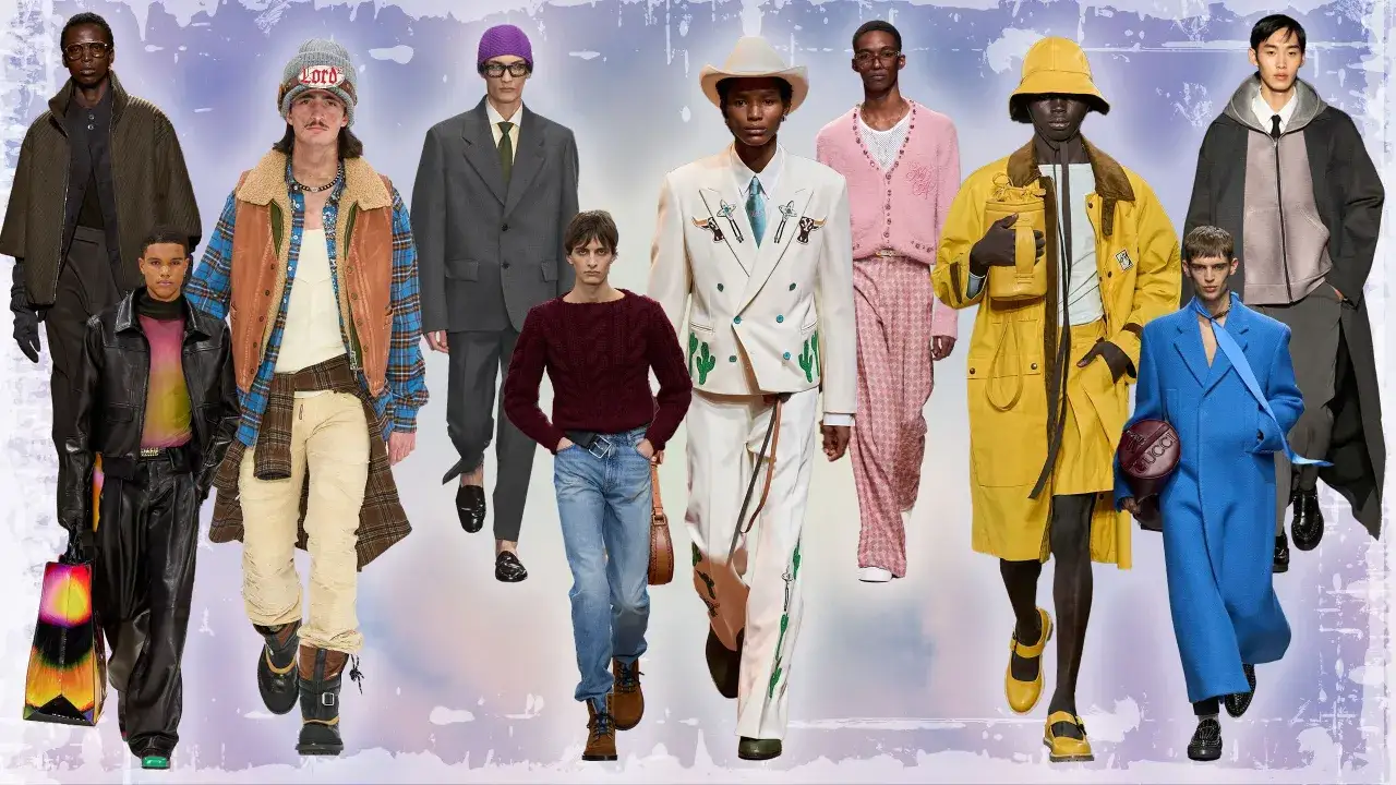 Défilé de mode présentant un style vestimentaire hiver audacieux : vestes, manteaux colorés, costumes originaux et accessoires tendance.