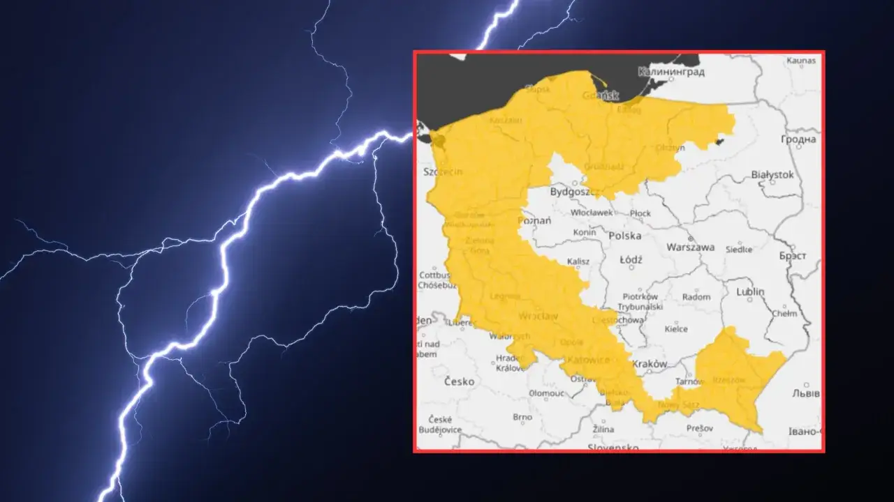 Burza w górach. Mapa ostrzeżeń pogodowych dla Polski z zaznaczonymi obszarami burz.