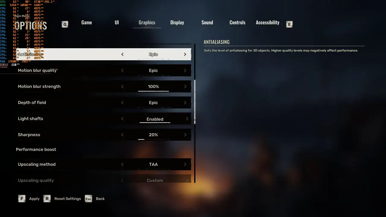 Paramètres graphiques de Stalker 2 : Antialiasing réglé sur